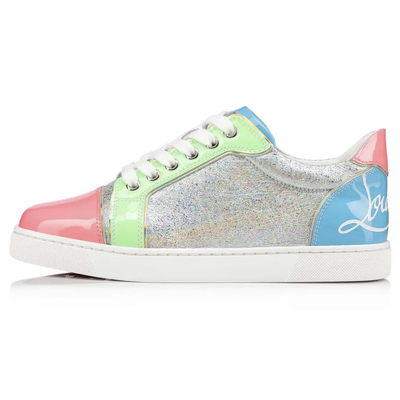 Christian Louboutin Fun Vieira Flat Patent Pink Silver Blue Low Top Sneaker 37.5 - Picture 3 of 12